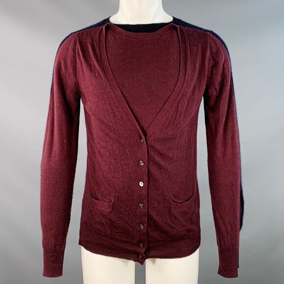 VINTAGE Size M Navy Burgundy Two Toned Knit Distressed Pullover - Picture 1 of 9